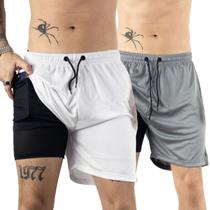 Kit 2 Shorts Cinza e Branco 2x1 Premium de Corrida Masculino Dry-Fit Academia com Bolso Invisivel para Celular Luta Musculação Bermuda Dupla