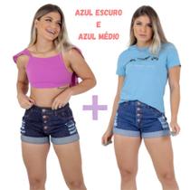 Kit 2 Shorts Jeans Feminino Cós Alto Hot Pants Destroyd Barra Dobrada