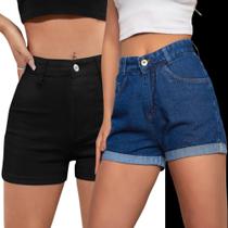 Kit 2 SHORTS JEANS LISO Slim FEMININO Casual Elastano Cintura Alta 1048