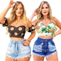 Kit 2 Shorts Jeans Luxo Feminino Cintura Alta Destroyed