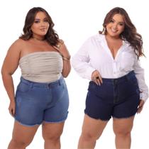 KIT 2 Shorts Jeans Plus Size Feminino com lycra desfiado Cintura Alta KIT 2 Shorts Jeans Plus Size Feminino com lycra desfiado Cintura Alta