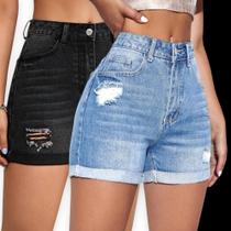 Kit 2 SHORTS JEANS RASGADO Slim FEMININO Casual Elastano Cintura Alta 1049