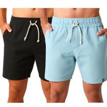 Kit 2 Shorts Linho Mauricinho Praia Casual Masculino Look Com Bolsos Azul Bebe e Preto