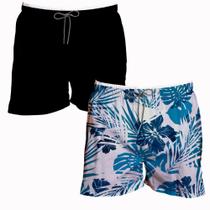 Kit 2 Shorts Masculino Liso e Estampa Florida Preto Praia