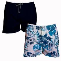 Kit 2 Shorts Masculino Liso e Florido Azul Tactel Verão