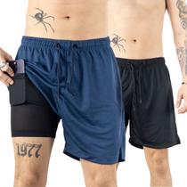Kit 2 Shorts Preto e Azul-Marinho 2x1 Premium de Corrida Masculino Dry-Fit Academia com Bolso Invisivel para Celular Luta Musculação Bermuda Dupla