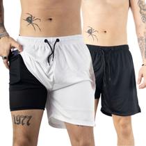 Kit 2 Shorts Preto e Branco 2x1 Premium de Corrida Masculino Dry-Fit Academia com Bolso Invisivel para Celular Luta Musculação Bermuda Dupla