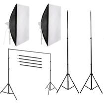 Kit 2 softbox de 1 lâmpada com 2 tripés e suporte para fundo fotográfico 2x3