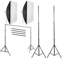 Kit 2 softbox de 5 lâmpadas com 2 tripés e suporte para fundo fotográfico 2x3