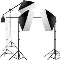 Kit 2 softbox de 5 lâmpadas e 1 de 1 lâmpada com 3 tripés de 1,9m e 1 Girafa e Suporte de fundo fotográfico
