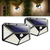 Kit 2 Super Arandela 100 LED Solar Luminaria Parede Sensor de Presença Externo IP66 6500K