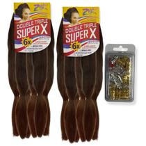 KIT 2 Super Jumbos Para Tranças Box Braids Marca Super X + Conjunto de 20 Anéis Reguláveis Enfeites Para Tranças e Penteados