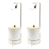 Kit 2 Suporte Porta Papel Higiênico Com Lixeira 5L Tampa Pino Banheiro Branco Dourado - AMZ Kit 2 Suporte Porta Papel Higiênico Com Lixeira 5L Tampa Pino Banheiro Branco Dourado - AMZ