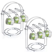 Kit 2 Suporte Porta Xícaras E Pires Organizador Com 6 Ganchos Aço Inox