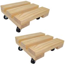 Kit 2 Suporte Vaso Quadrado de Pinus 20cm Natural Roda Preta