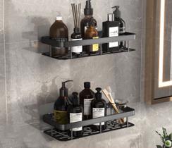 Kit 2 Suportes de Shampoo Preto Luxo De Alumínio 2 Camadas Para Banheiro Montado Na Parede Prateleira