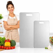 Kit 2 Tábuas de Corte Aço Inox Premium para Cozinha Churrasco - 46x30 e 34x23cm Kit 2 Tábuas de Corte Aço Inox Premium para Cozinha Churrasco - 46x30 e 34x23cm