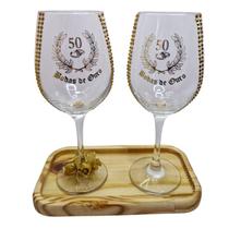 Kit 2 Taças Bandeja Bodas Ouro 50 Anos Rosas Luxo + Presente Kit 2 Taças Bandeja Bodas Ouro 50 Anos Rosas Luxo + Presente