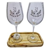 Kit 2 Taças Vidro Bandeja Boda Prata 25 Anos Luxo + Presente