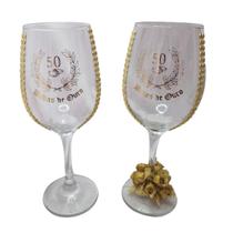 Kit 2 Taças Vidro Bodas de Ouro 50 Anos Luxo Rosa + Presente Kit 2 Taças Vidro Bodas de Ouro 50 Anos Luxo Rosa + Presente