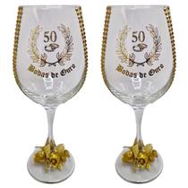 Kit 2 Taças Vidro Bodas de Ouro 50 Anos Rosas + Presente Kit 2 Taças Vidro Bodas de Ouro 50 Anos Rosas + Presente