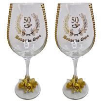Kit 2 Taças Vidro Bodas De Ouro 50 Anos Rosas + Presente Kit 2 Taças Vidro Bodas De Ouro 50 Anos Rosas + Presente