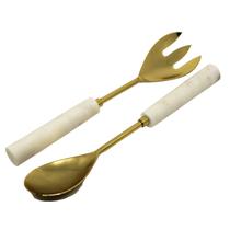 Kit 2 Talheres p/Salada Inox Dourado com Cabo em Marmore