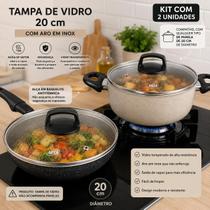 Kit 2 Tampas de Vidro 20cm Universal com Aro em Inox e Saída de Vapor Alça Antitérmica Kit 2 Tampas de Vidro 20cm Universal com Aro em Inox e Saída de Vapor Alça Antitérmica