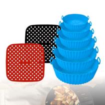 Kit 2 Tapete Forro Silicone Air Fryer Fritadeira Bpa Free Quadrada Mais Kit 6 Forma Silicone Azul Forro Reutilizável Air Fryer Fritadeira