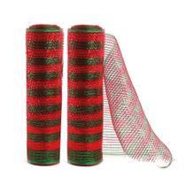 Kit 2 Telas Decorativa Fita Malha Tule Listrado Vermelho e Verde Natal 25cm x 5 metros Magizi