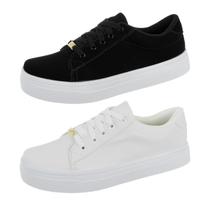 Kit 2 Tênis Casual Feminino Básico Retrô Branco Preto Bellinda Shoes Kit 2 Tênis Casual Feminino Básico Retrô Branco Preto Bellinda Shoes