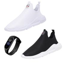 Kit 2 Tenis Esportivo Calce Facil Palmilha EVA Macio Caminhada Sola Resistente Com Relogio Digital