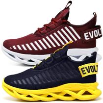 Kit 2 Tênis Esportivo Masculino Easy Confortavel Resistente BORDO/AMARELO Kit 2 Tênis Esportivo Masculino Easy Confortavel Resistente BORDO/AMARELO