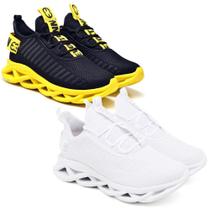 Kit 2 Tênis Esportivo Masculino Easy Confortavel Resistente Branco e Amarelo