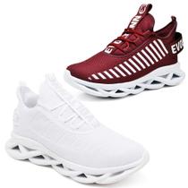 Kit 2 Tênis Esportivo Masculino Easy Confortavel Resistente Branco e Vermelho Kit 2 Tênis Esportivo Masculino Easy Confortavel Resistente Branco e Vermelho