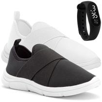 Kit 2 Tênis Feminino Esportivo Calce Fácil Conforto Sapatore Preto e Branco e Relógio LED