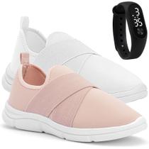 Kit 2 Tênis Feminino Esportivo Calce Fácil Conforto Sapatore Rosa e Branco e Relógio LED