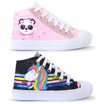 Kit 2 Tênis Infantil Feminino Panda Glitter Botinha Unicórnio