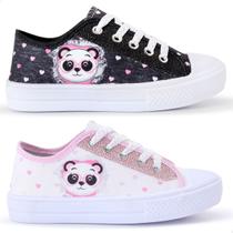 Kit 2 Tênis Infantil Feminino Panda Glitter Cano Baixo