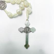 Kit 2 terços rosa religioso medalha crucifixo São Bento prata delicado devoção