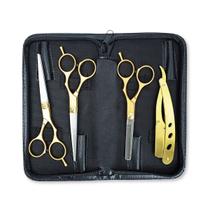 Kit 2 Tesoura Fio Navalha + 1 Tesoura Desbaste + 1 Navalhete Cabeleireiro Barbearia Corte Cabelo