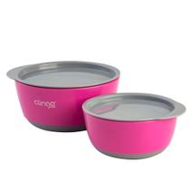 Kit 2 Tigelas Antiderrapante Rosa Com Tampa - Clingo Kit 2 Tigelas Antiderrapante Rosa Com Tampa - Clingo