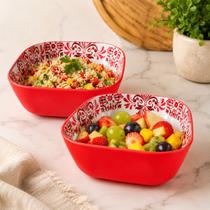 Kit 2 Tigelas Decorada Bowl 700ml Estampada Quadrada Frutas Salada Sobremesa Petisco Mesa Posta Cozinha