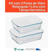Kit 2 Tigelas Potes De Vidro 1 Litro Retangular Com Tampa Hermética Vitazza