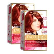 Kit 2 Tintura Creme Imédia Excellence L'oréal Vermelho Acetinado 6.66 Kit