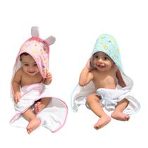 Kit 2 Toalhas de Banho p Bebê Poliéster Atoalhado com Capuz