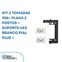 Kit 2 tomadas 10a+ placa 2 postos + suporte 4x2 branco pial plus +