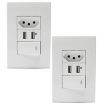 Kit 2 Tomadas Com Interruptor Com 2 Entradas USB 5V 2.1A 023 Kit 2 Tomadas Com Interruptor Com 2 Entradas USB 5V 2.1A 023