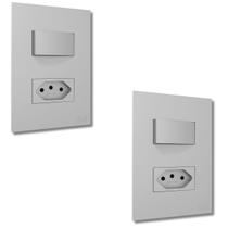 Kit 2 Tomadas Recta Satin 10A + Tecla Simples Com Placa Prata - B.Lux Kit 2 Tomadas Recta Satin 10A + Tecla Simples Com Placa Prata - B.Lux
