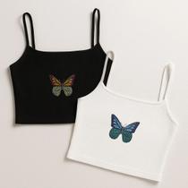Kit 2 Top Cropped de Alcinha Canelado com Borboleta Bordada - Branco e Preto